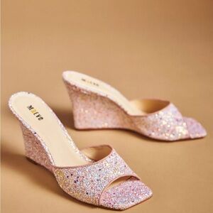 Anthropologie pink glitter wedge heel size 6